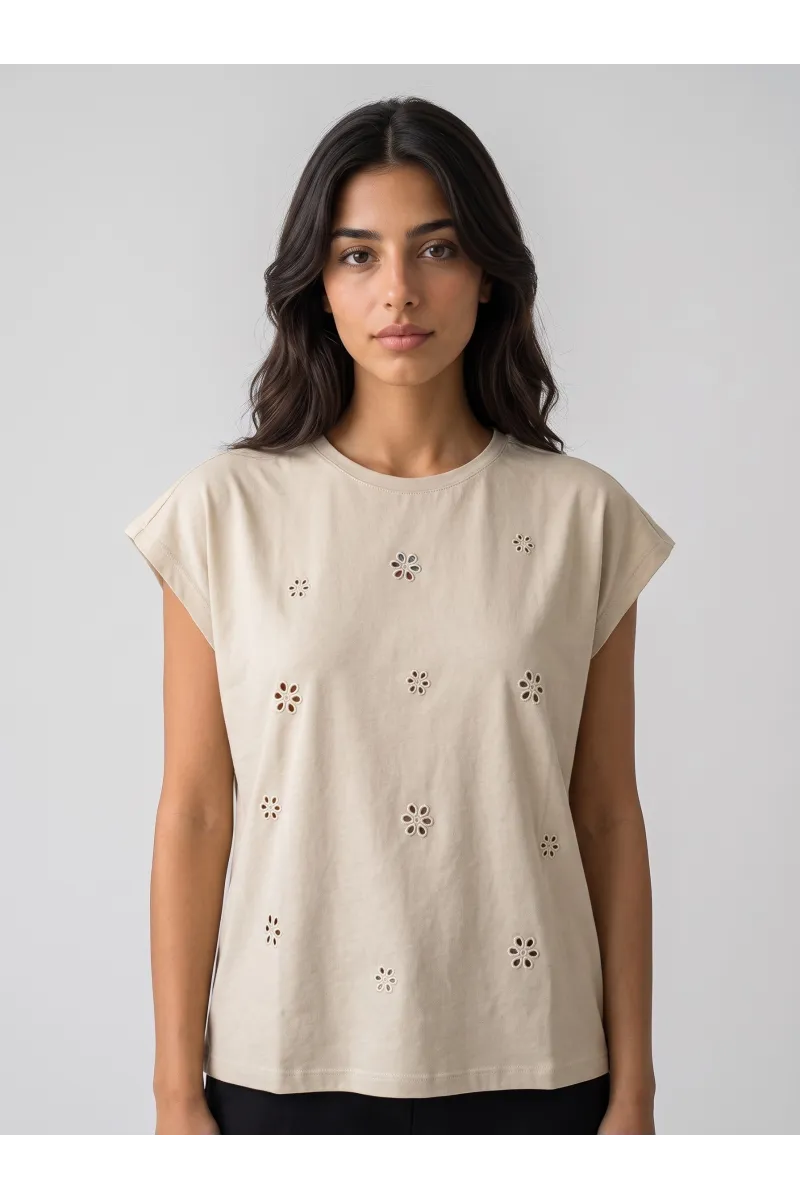 Haut Femme à Broderies Anglaises Ajourées & Col Rond | Tunisie
