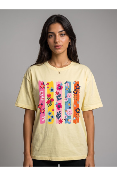 T-shirt Femme Graphique à Col Rond Imprimé Bandes Florales | Tunisie