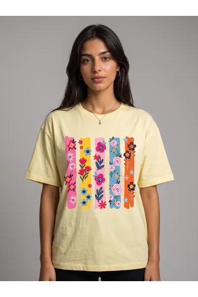 T-shirt Femme Graphique à Col Rond Imprimé Bandes Florales | Tunisie