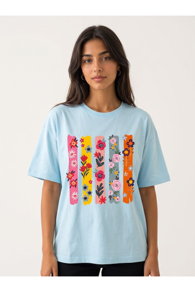 T-shirt Femme Graphique à Col Rond Imprimé Bandes Florales | Tunisie