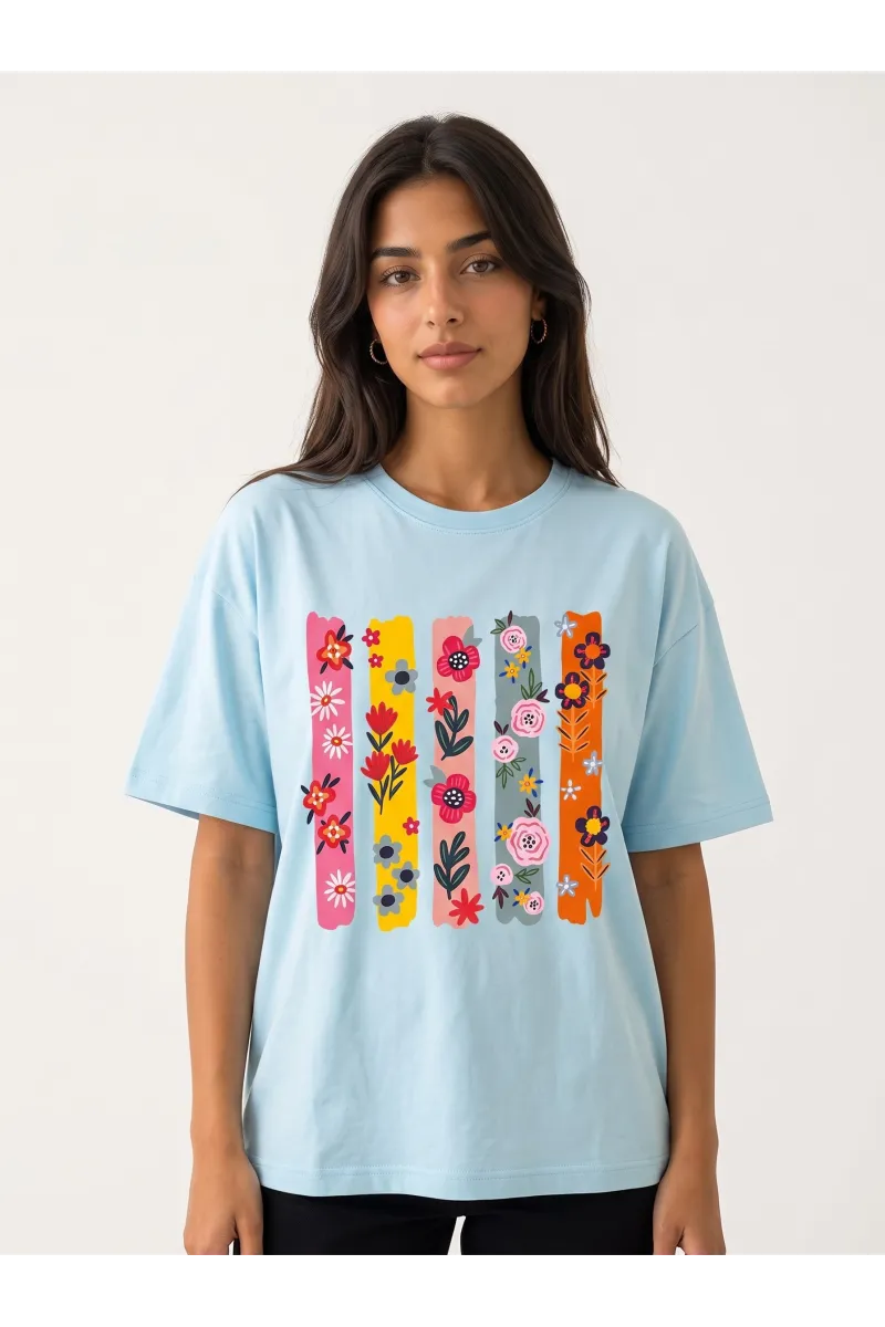 T-shirt Femme Graphique à Col Rond Imprimé Bandes Florales | Tunisie