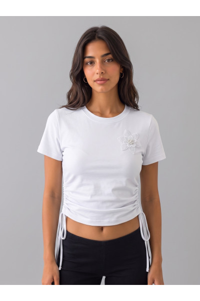 T-shirt Ajusté Femme à Fronces & Fleur Brodée | Tunisie