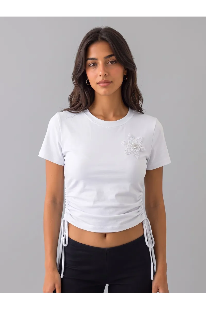 T-shirt Ajusté Femme à Fronces & Fleur Brodée | Tunisie