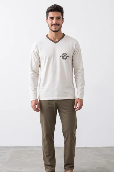 Pyjama 2 Pièces Homme Col V & Pantalon Imprimé | Confort Nuit Tunisie
