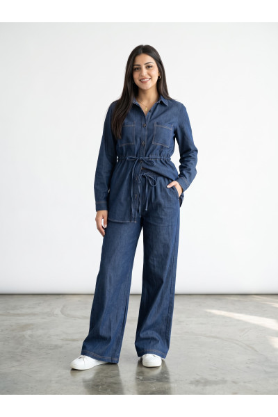 Ensemble Denim Femme avec Veste Chemise et Pantalon Large | Mode & Tendance Tunisie