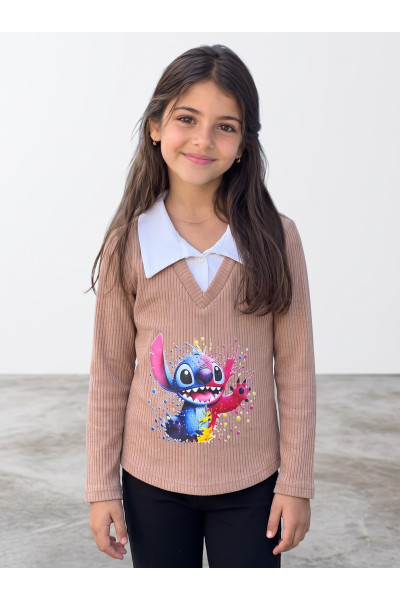 Pull Fillette Col Chemise Imprimé Stitch | Mode Enfant Tunisie