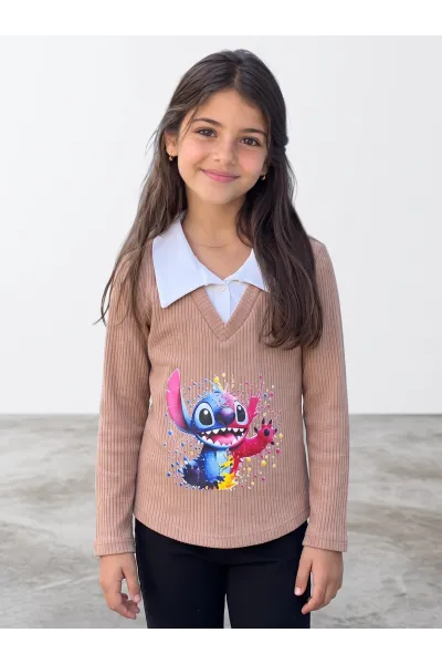 Pull Fillette Col Chemise Imprimé Stitch | Mode Enfant Tunisie