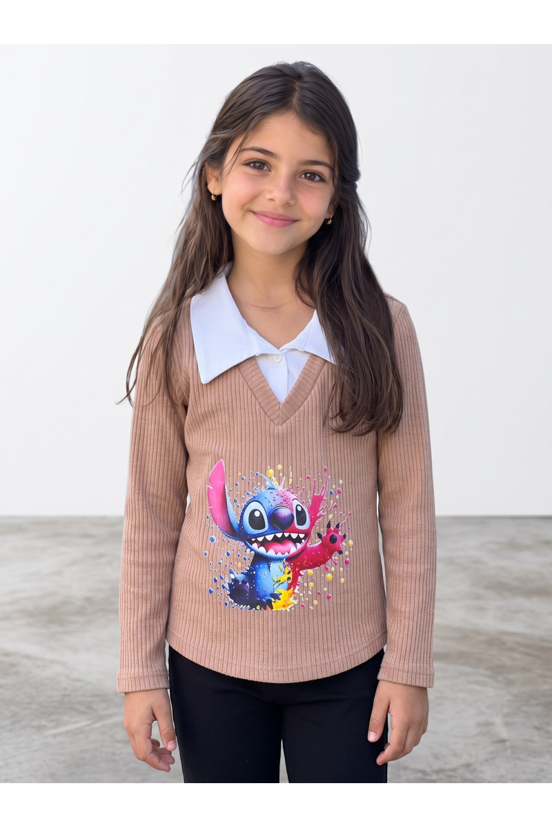Pull Fillette Col Chemise Imprimé Stitch | Mode Enfant Tunisie
