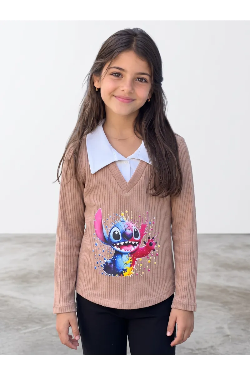 Pull Fillette Col Chemise Imprimé Stitch | Mode Enfant Tunisie