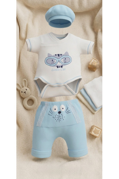 Ensemble bébé 3 pièces grenouillère chat + short + chapeau | Tunisie