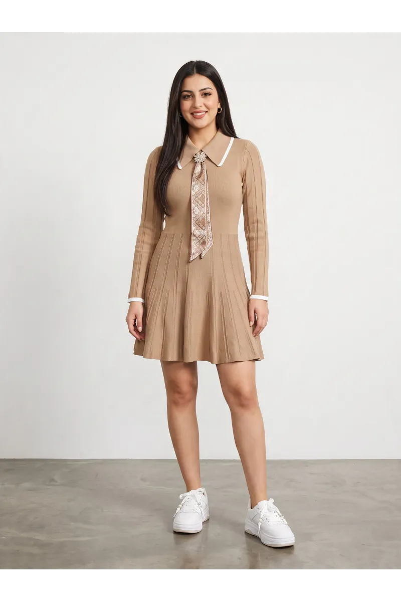 Robe Courte en Maille Femme Col Chemise & Cravate Foulard | Tunisie