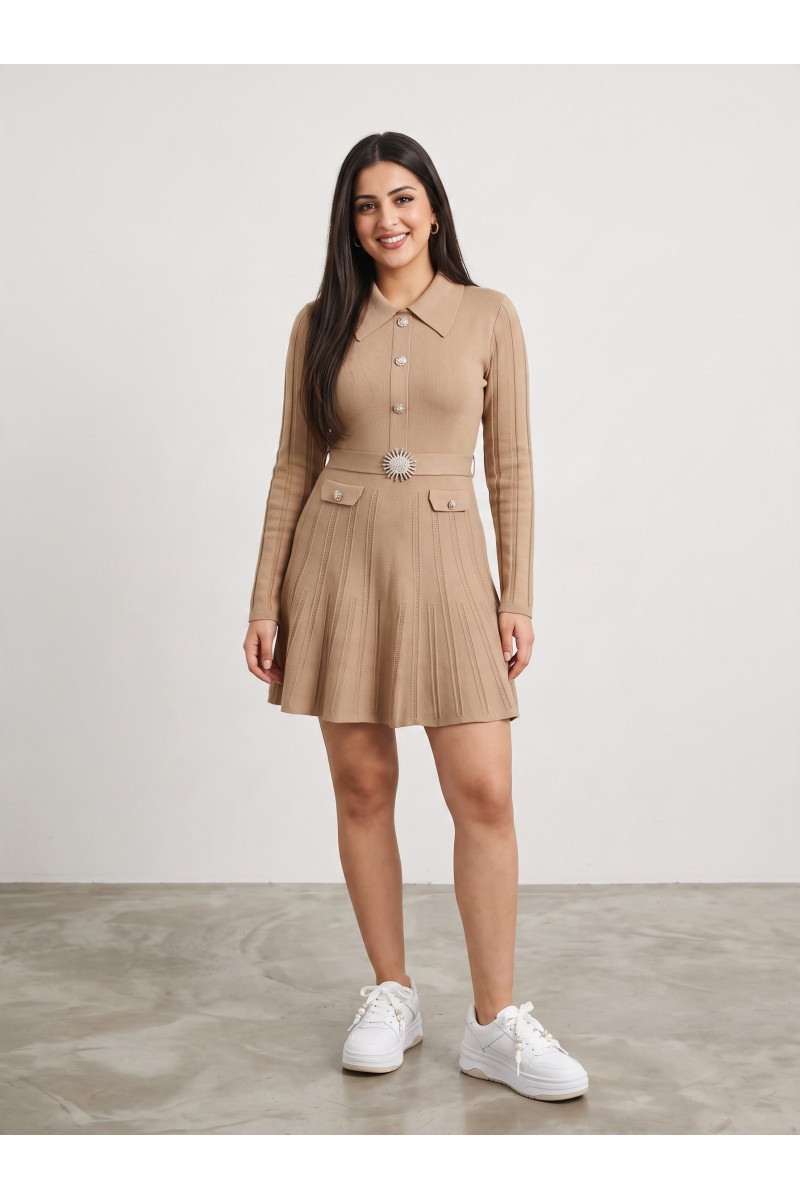 Robe Courte en Maille Femme à Boutons Perles & Boucle Bijou | Tunisie