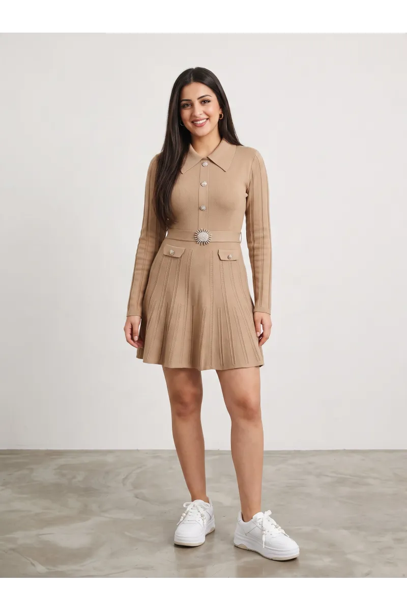 Robe Courte en Maille Femme à Boutons Perles & Boucle Bijou | Tunisie