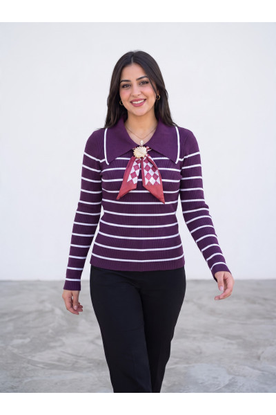 Pull Rayé en Maille Femme avec Col Chemise & Foulard | Tunisie