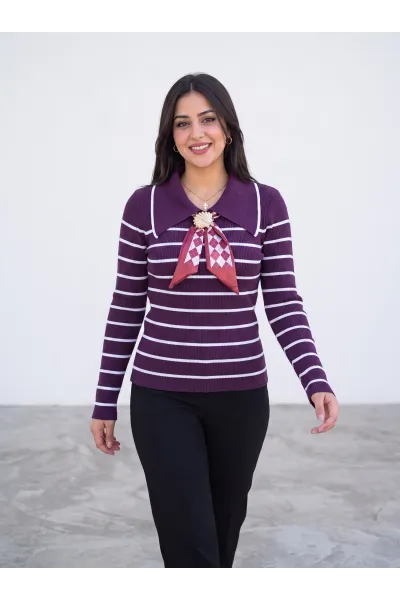 Pull Rayé en Maille Femme avec Col Chemise & Foulard | Tunisie