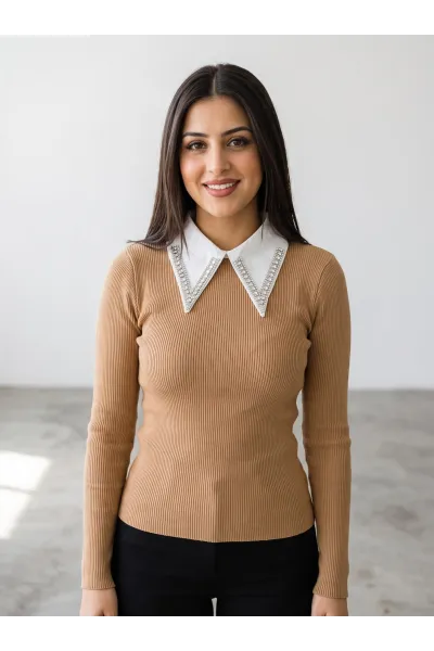 Pull en Maille Femme avec Col Chemise Orné de Strass | Tunisie