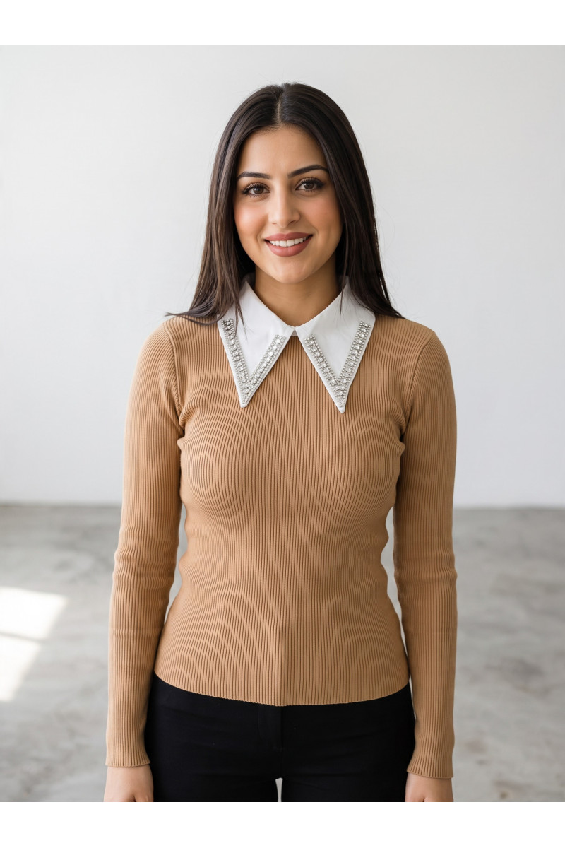 Pull en Maille Femme avec Col Chemise Orné de Strass | Tunisie