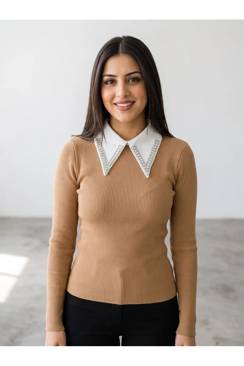Pull en Maille Femme avec Col Chemise Orné de Strass | Tunisie