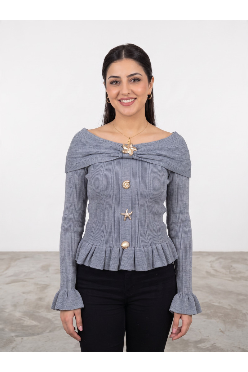 Pull en Maille Femme Col Bardot & Boutons Bijoux Marins | Tunisie