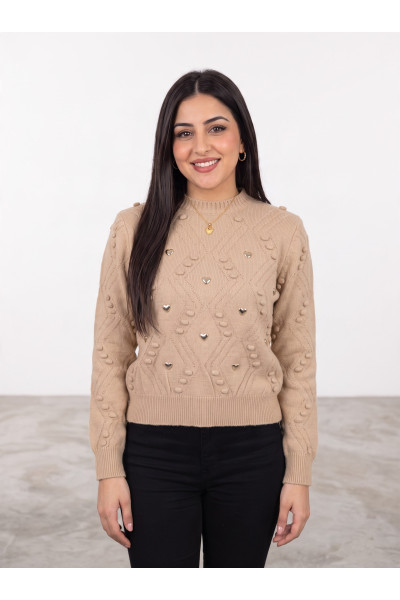 Pull en Maille Femme avec Torsades, Ponpons & Cœurs Dorés | Tunisie