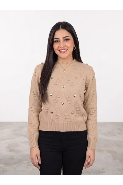 Pull en Maille Femme avec Torsades, Ponpons & Cœurs Dorés | Tunisie