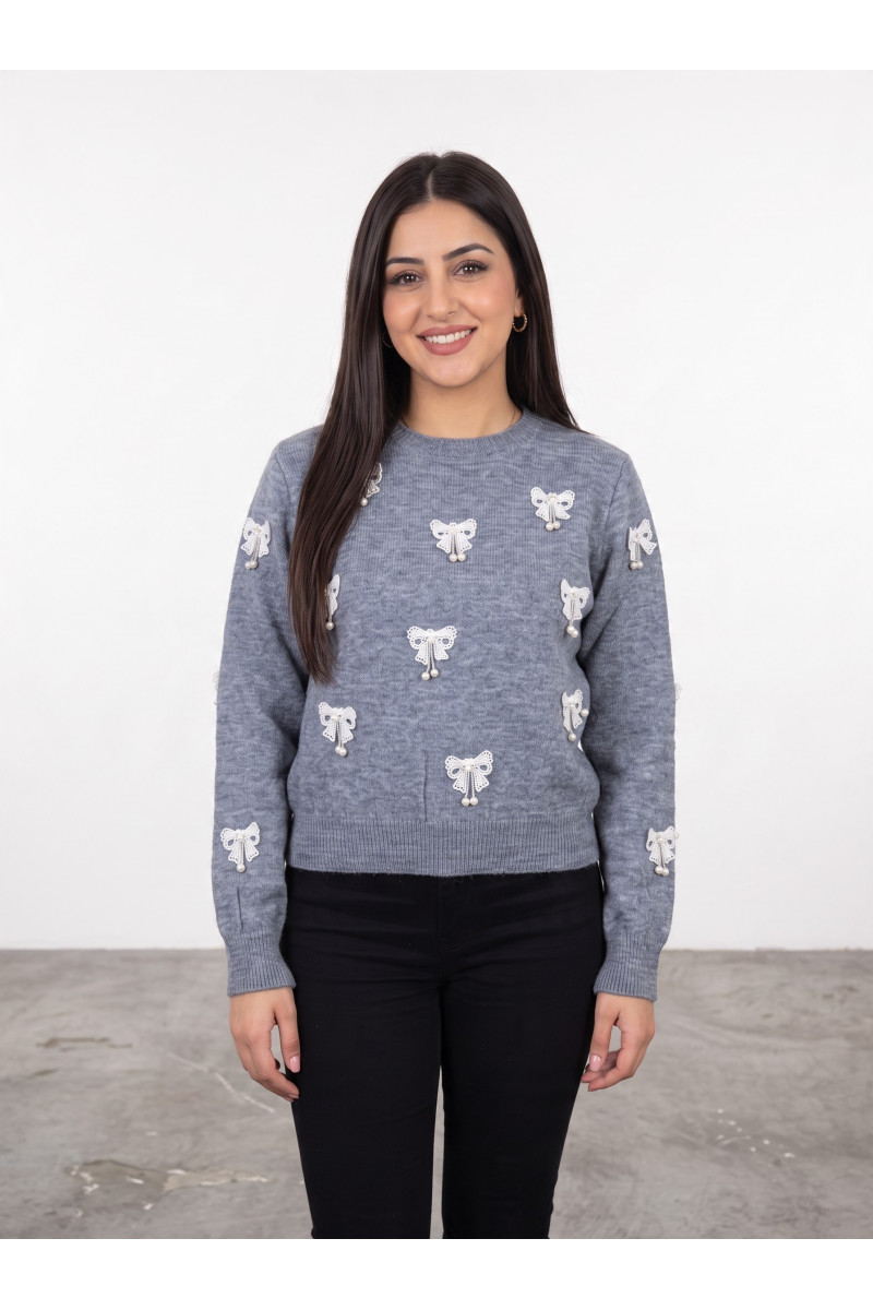Pull en Maille Femme avec Nœuds en Dentelle & Perles | Tunisie