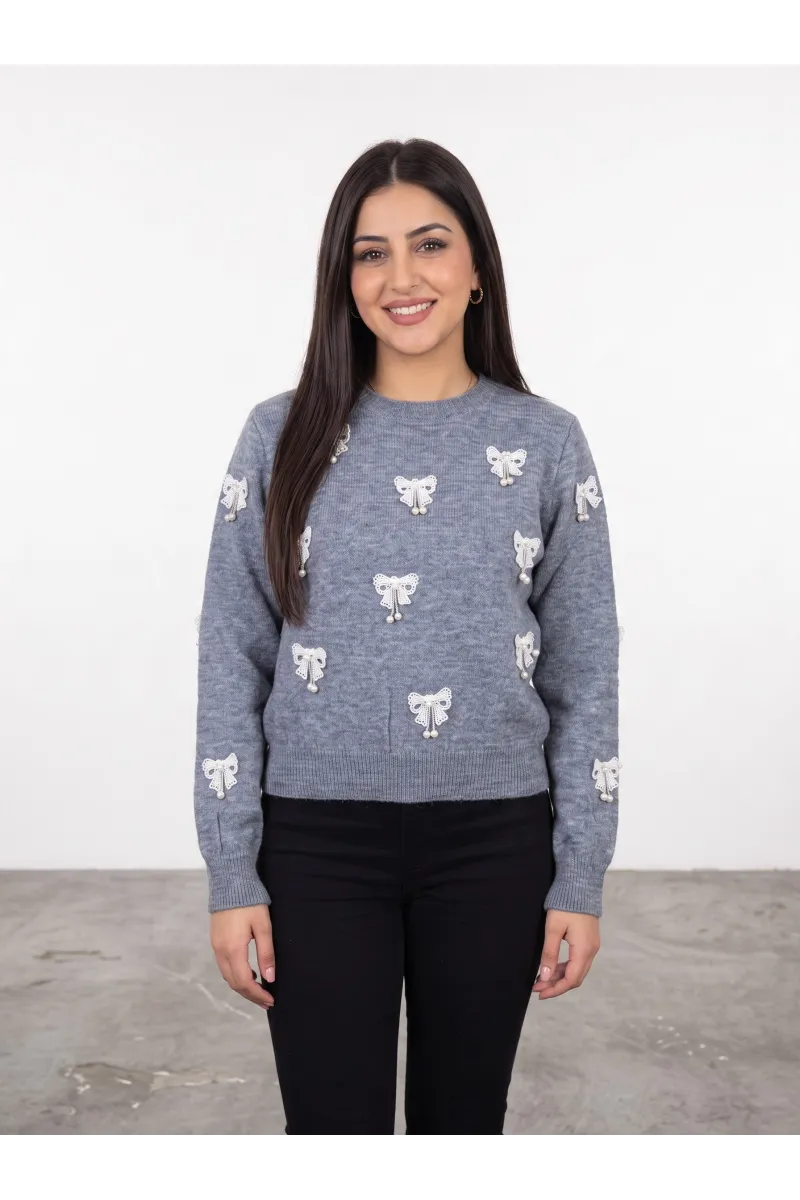 Pull en Maille Femme avec Nœuds en Dentelle & Perles | Tunisie