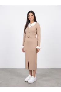 Robe Longue en Maille Femme avec Col Chemise, Ceinture Bijou & Fente | Tunisie