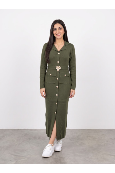 Robe Longue en Maille Femme à Boutons Dorés & Boucle Fleur Bijou | Tunisie
