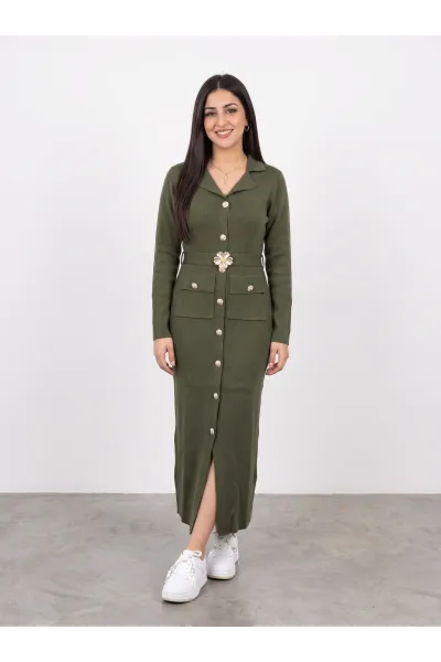 Robe Longue en Maille Femme à Boutons Dorés & Boucle Fleur Bijou | Tunisie