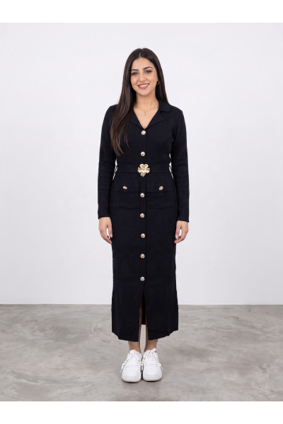 Robe Longue en Maille Femme à Boutons Dorés & Boucle Fleur Bijou | Tunisie