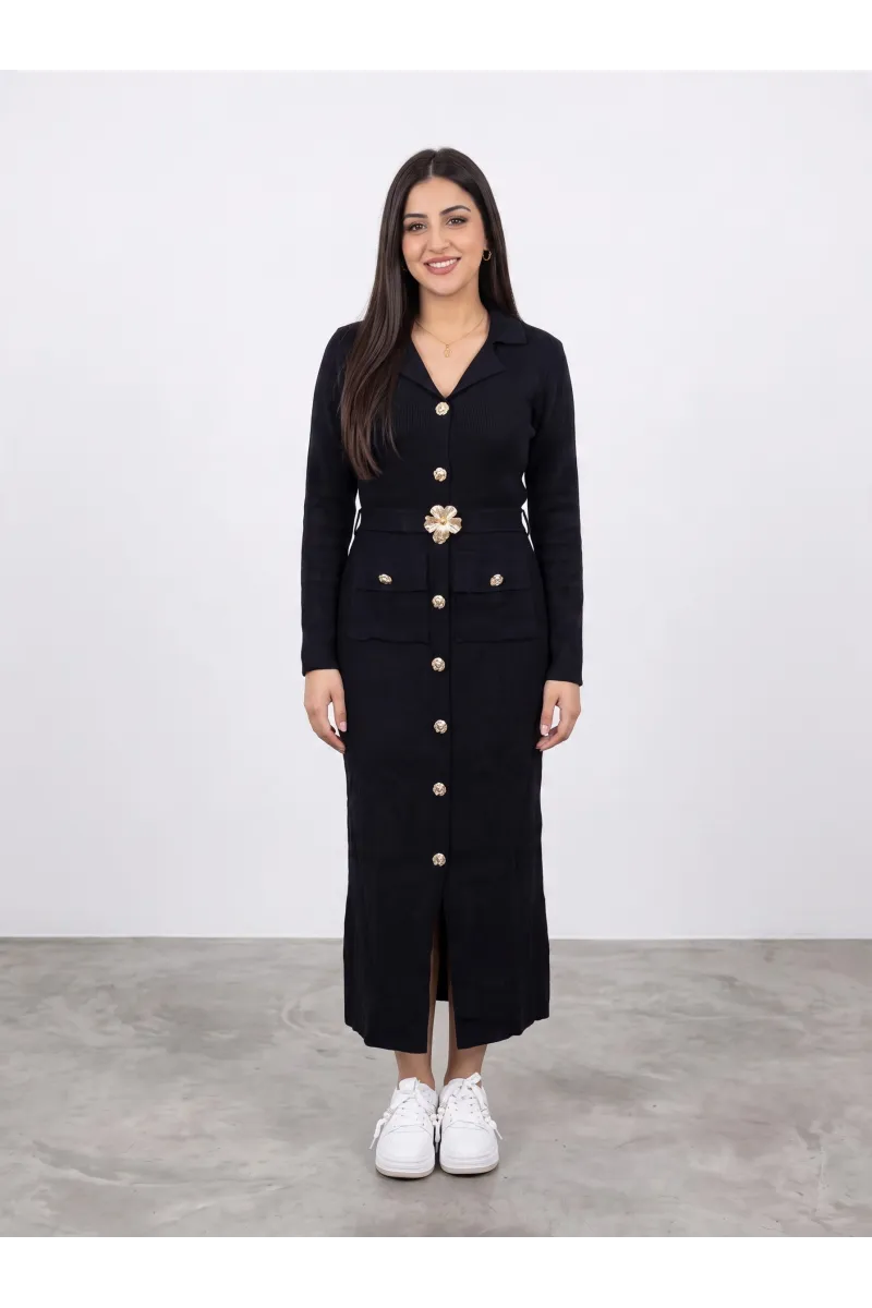 Robe Longue en Maille Femme à Boutons Dorés & Boucle Fleur Bijou | Tunisie
