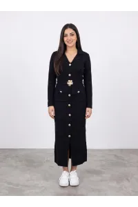 Robe Longue en Maille Femme à Boutons Dorés & Boucle Fleur Bijou | Tunisie