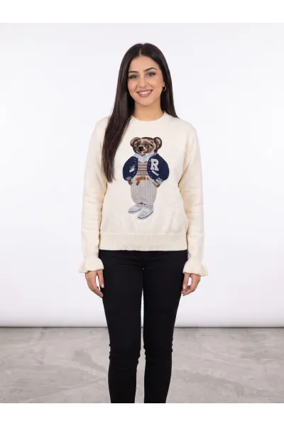 Pull en Maille Femme avec Motif Ours Brodé & Poignets Volantés | Tunisie