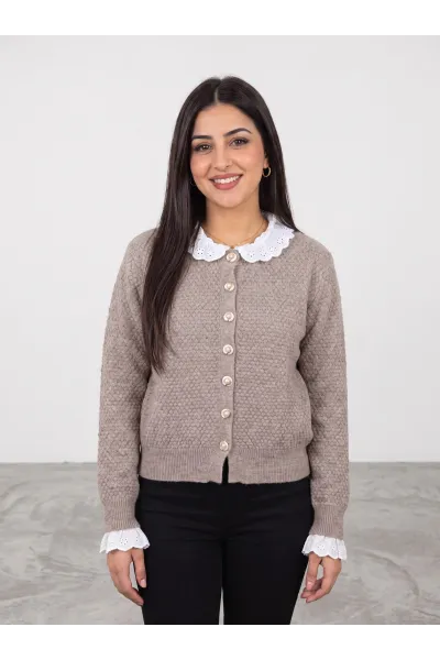 Gilet en Maille Texturée Femme avec Col & Poignets en Broderie Anglaise | Tunisie