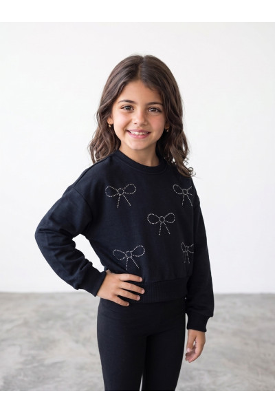 Sweatshirt Fille à Motifs Nœuds en Strass | Mode Enfant Tunisie