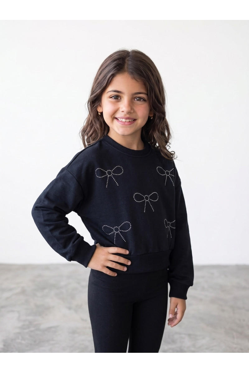 Sweatshirt Fille à Motifs Nœuds en Strass | Mode Enfant Tunisie