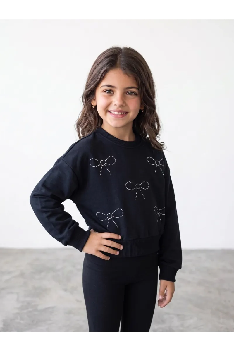 Sweatshirt Fille à Motifs Nœuds en Strass | Mode Enfant Tunisie