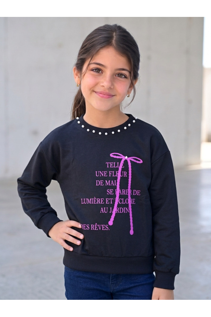 Sweatshirt Fille à Col Perlé & Nœud Relief | Mode Enfant Tunisie