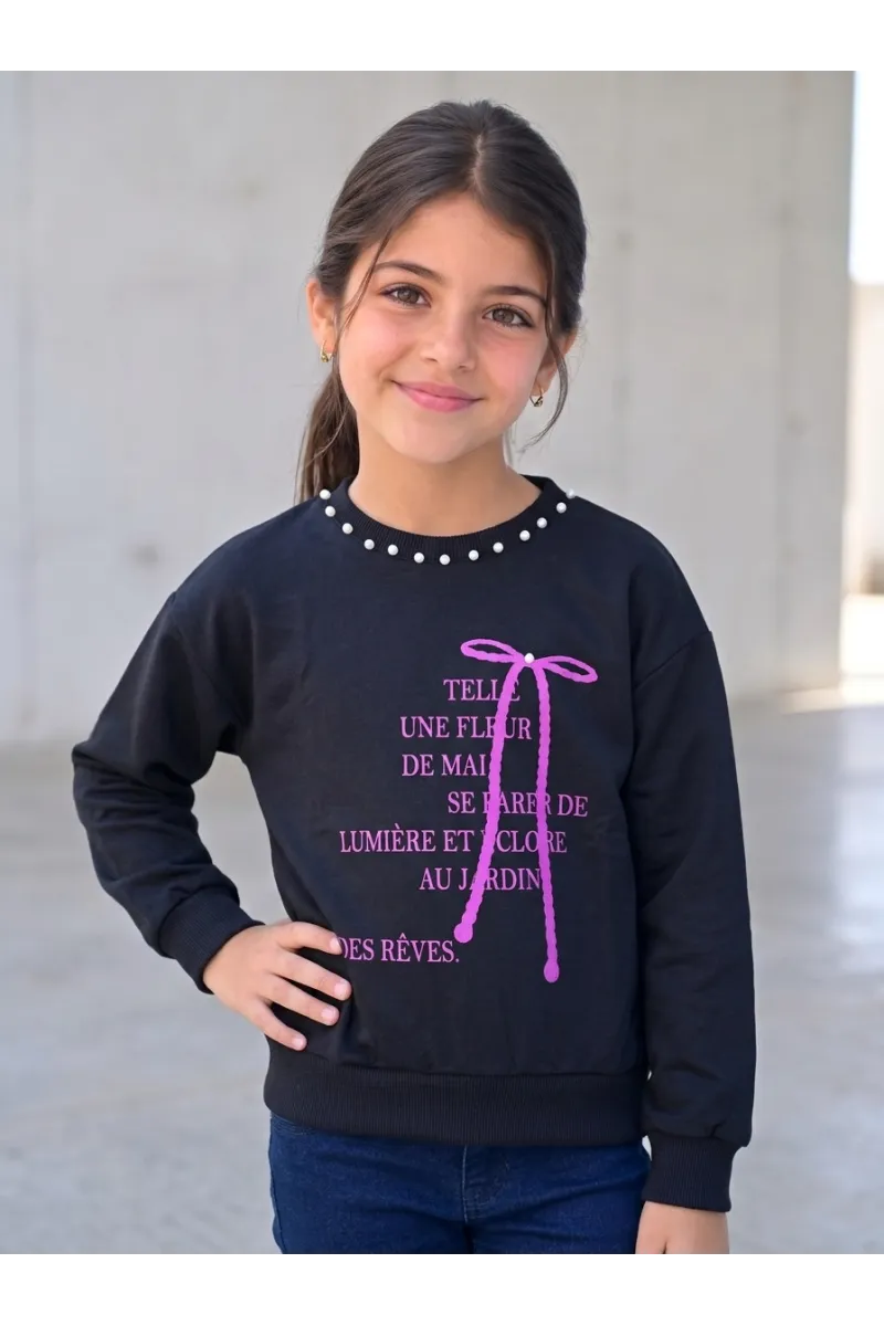 Sweatshirt Fille à Col Perlé & Nœud Relief | Mode Enfant Tunisie