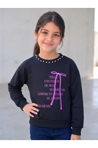 Sweatshirt Fille à Col Perlé & Nœud Relief | Mode Enfant Tunisie