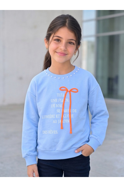 Sweatshirt Fille à Col Perlé & Nœud Relief | Mode Enfant Tunisie