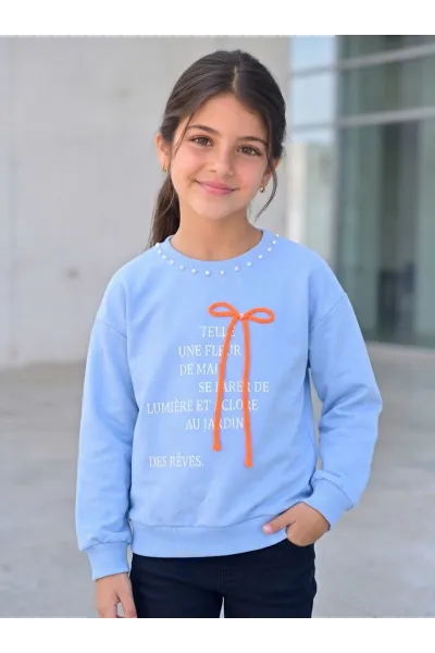 Sweatshirt Fille à Col Perlé & Nœud Relief | Mode Enfant Tunisie