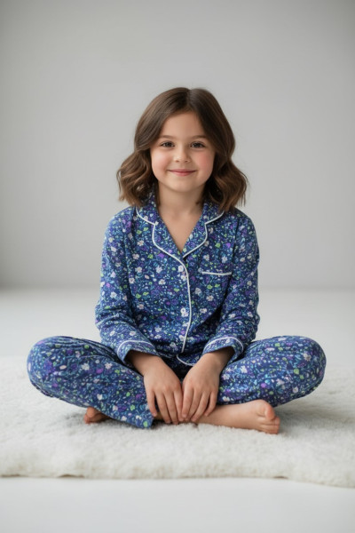 Pyjama Fillette Col Chemise Fleuri | Vêtements Enfant Tunisie